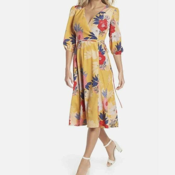 Eliza J Dresses & Skirts - Eliza J Floral Faux Wrap Midi Dress Women's 12 Yellow Multicolored